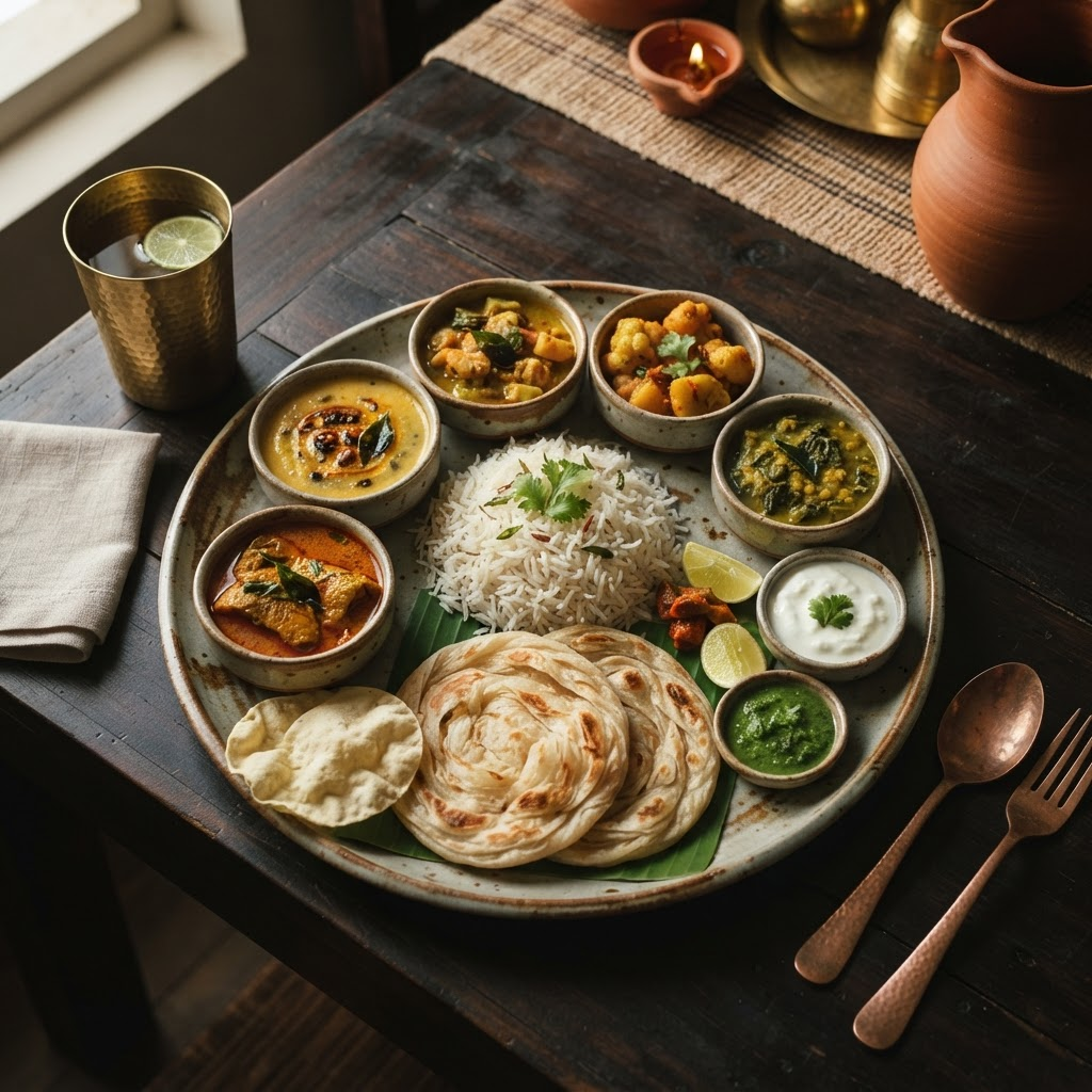 A generous regional Indian thali served on a dark wooden table